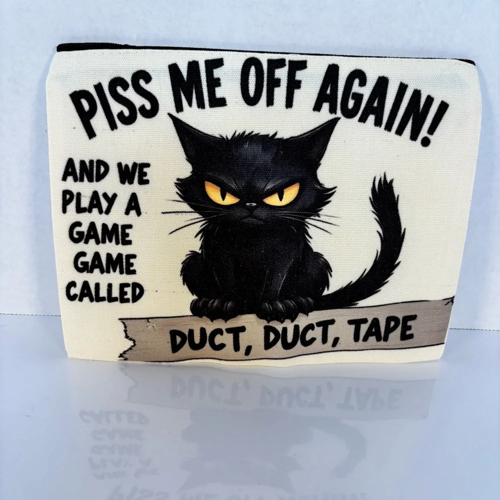 Novelty Cat Canvas Zippered Pouch/ Makeup Bag / Catnip Bag w/ Black Cat Design